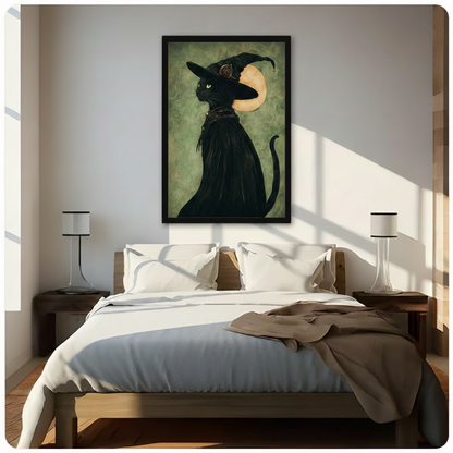 Gothic Black Cat Witch Hat Canvas Wall Art