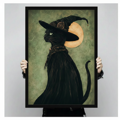 Gothic Black Cat Witch Hat Canvas Wall Art