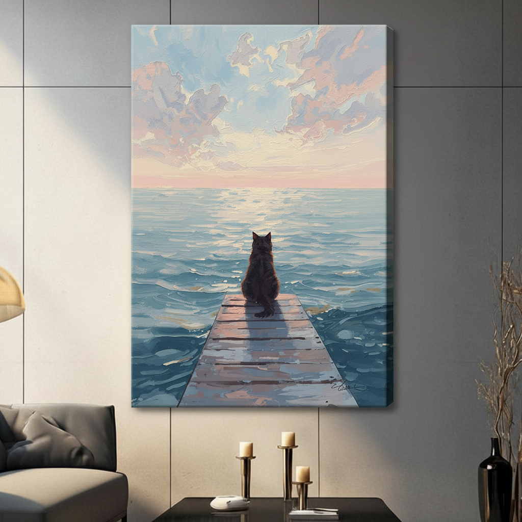 Cat on Pier Sunset Ocean Canvas Art Wall Art