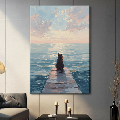 Cat on Pier Sunset Ocean Canvas Art Wall Art