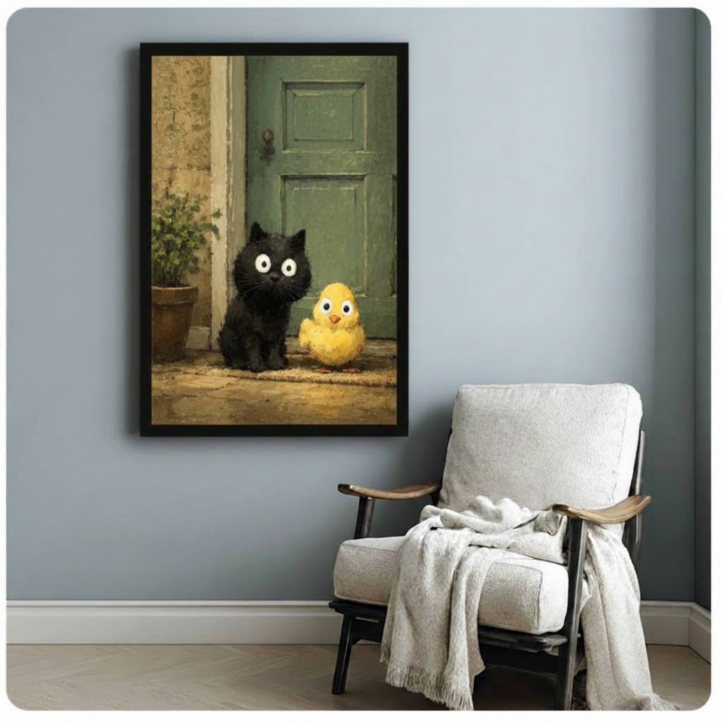 Black Kitten Yellow Chick Doorstep Oil Canvas Wall Art