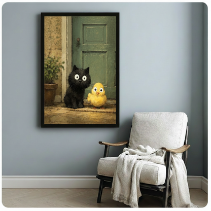 Black Kitten Yellow Chick Doorstep Oil Canvas Wall Art