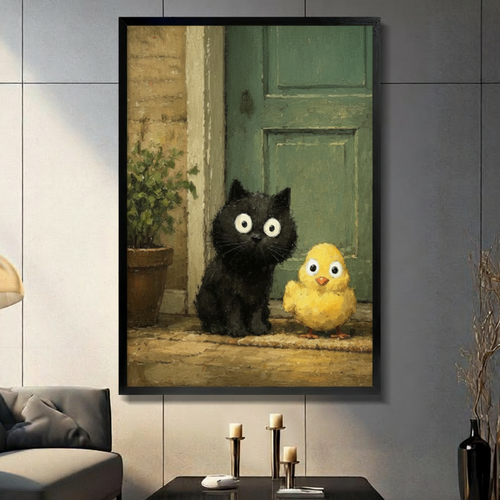 Black Kitten Yellow Chick Doorstep Oil Canvas Wall Art