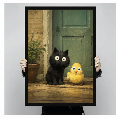 Black Kitten Yellow Chick Doorstep Oil Canvas Wall Art