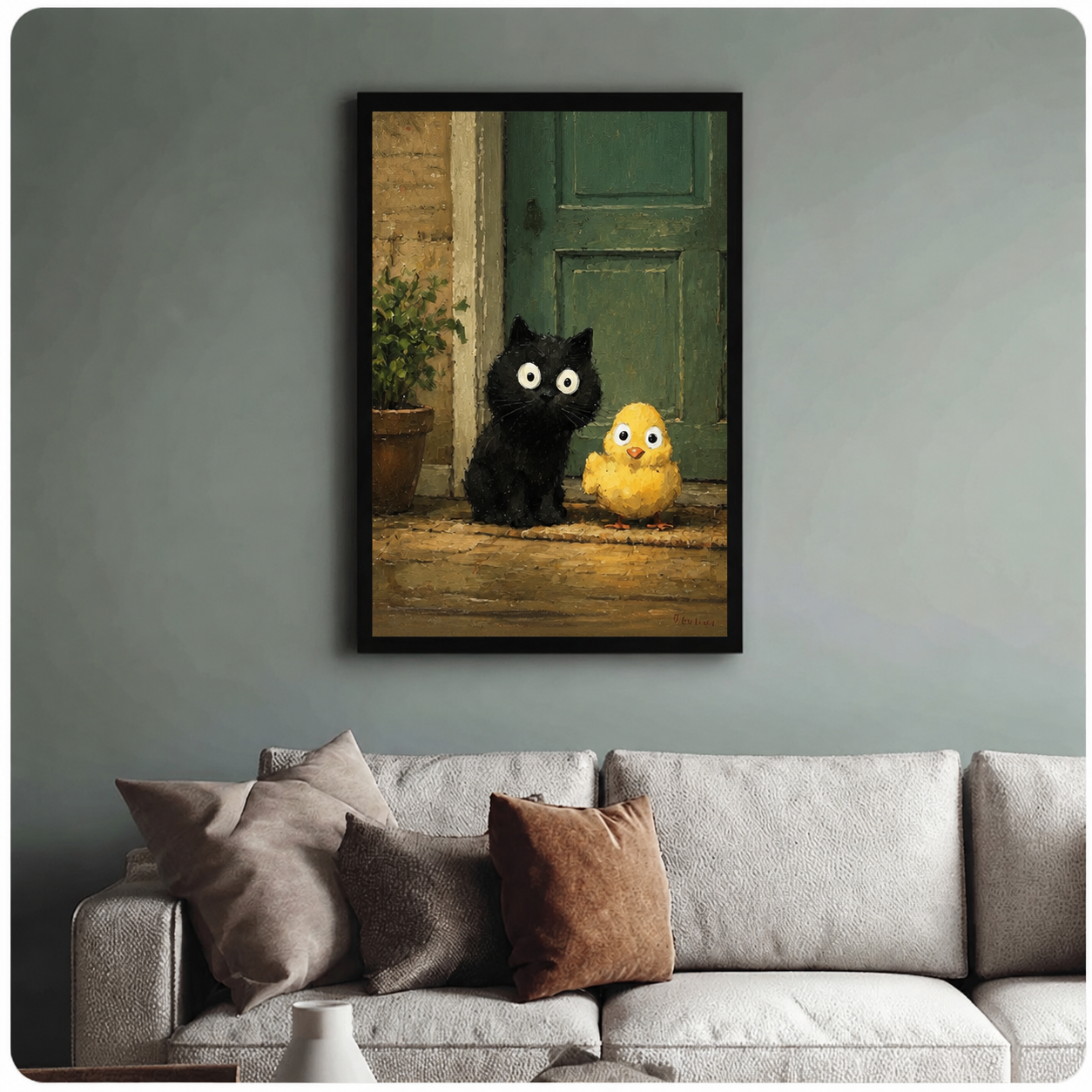 Black Kitten Yellow Chick Doorstep Oil Canvas Wall Art