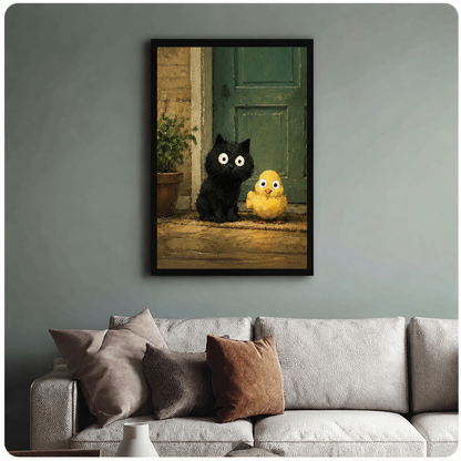 Black Kitten Yellow Chick Doorstep Oil Canvas Wall Art