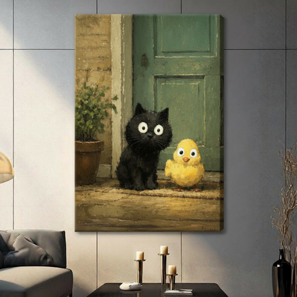 Black Kitten Yellow Chick Doorstep Oil Canvas Wall Art