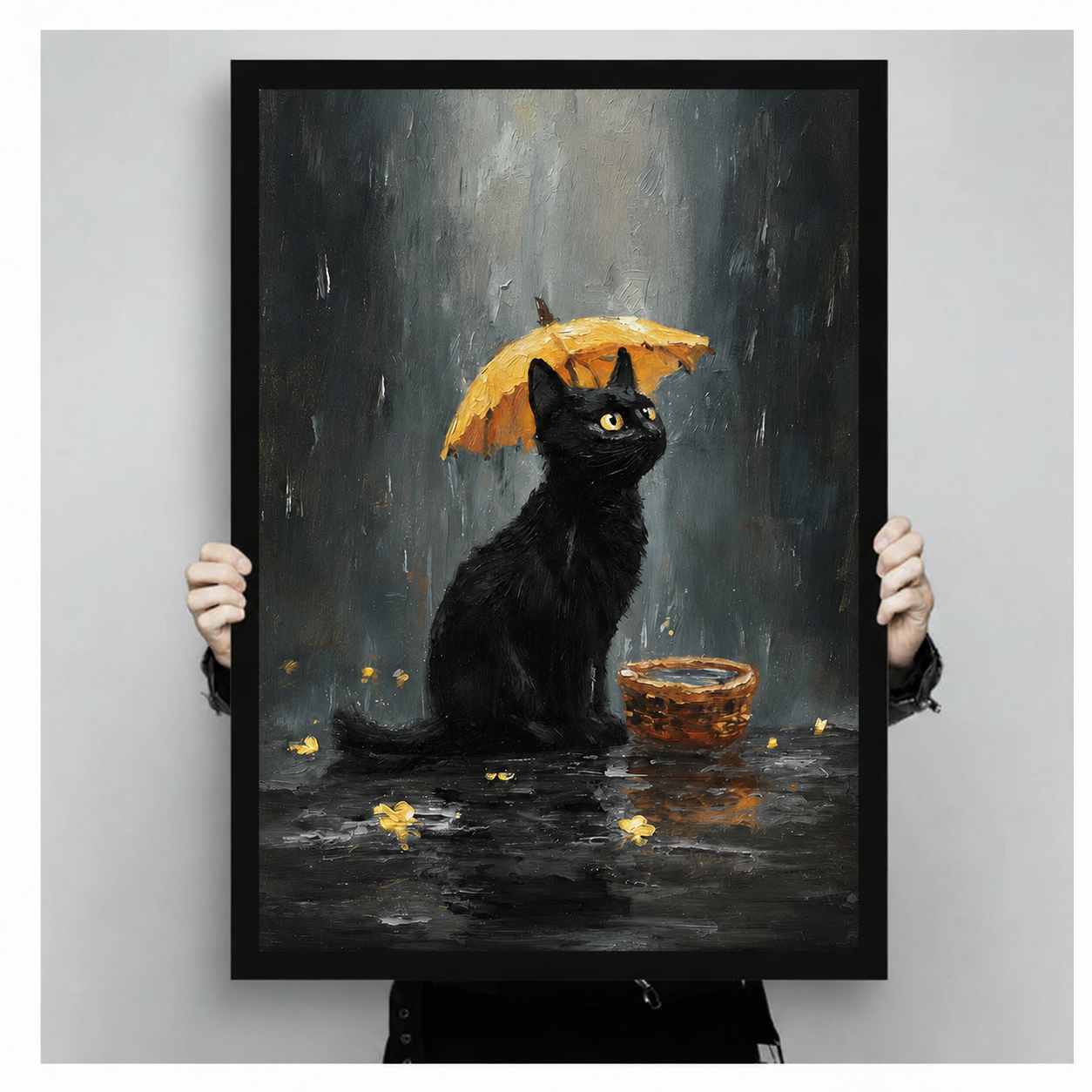 Black Cat Rainy Day Oil Painting Canvas Art Wall Art