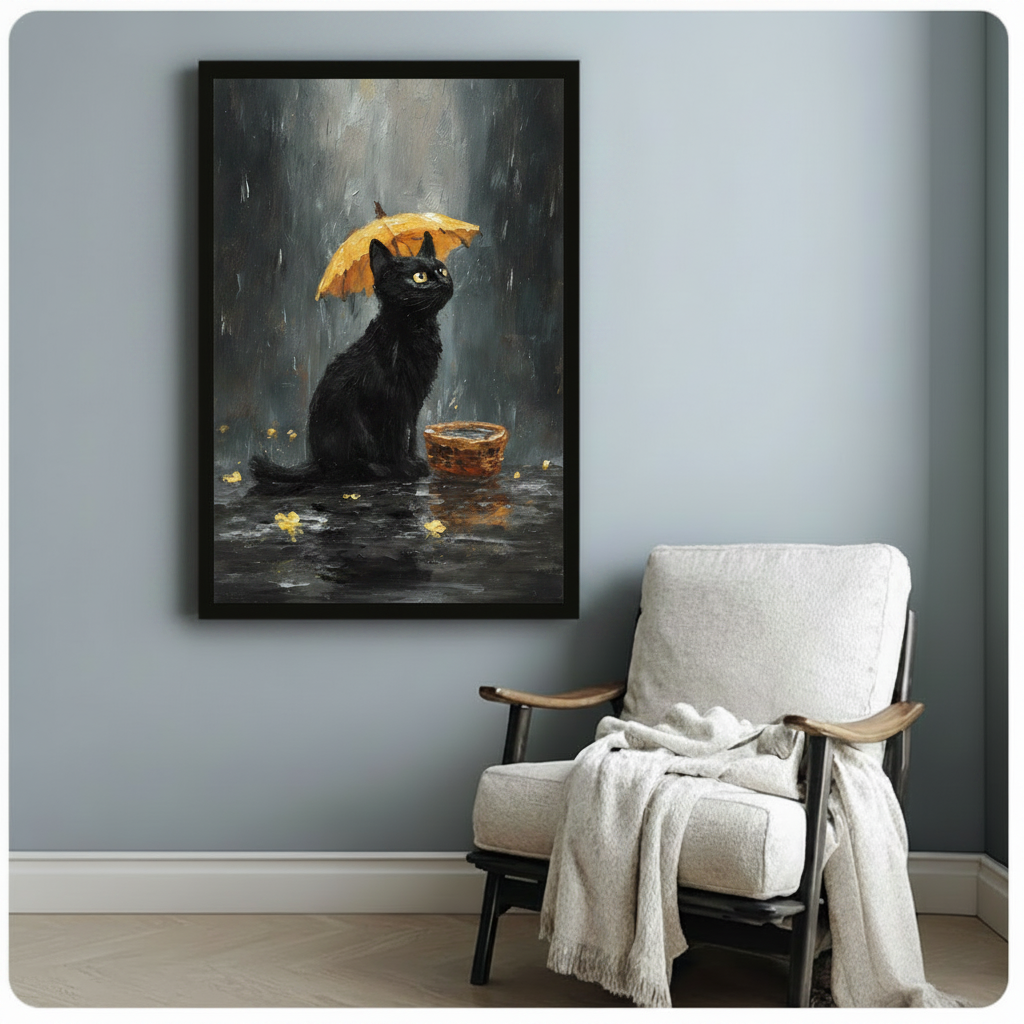 Black Cat Rainy Day Oil Painting Canvas Art Wall Art