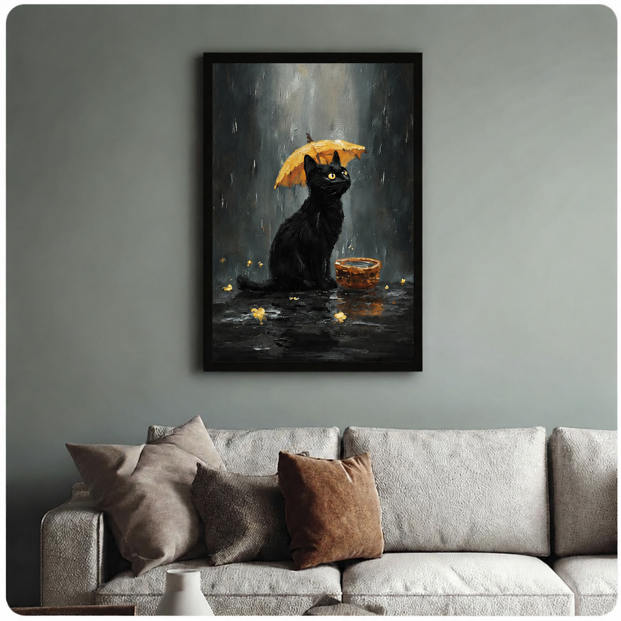 Black Cat Rainy Day Oil Painting Canvas Art Wall Art