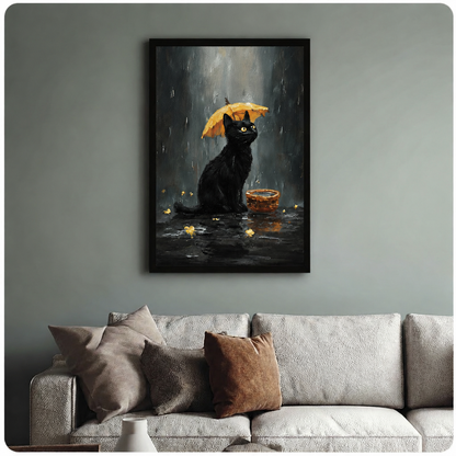 Black Cat Rainy Day Oil Painting Canvas Art Wall Art