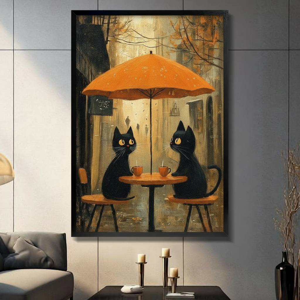 Black Cats Autumn Cafe Oil Painting Canvas Art
