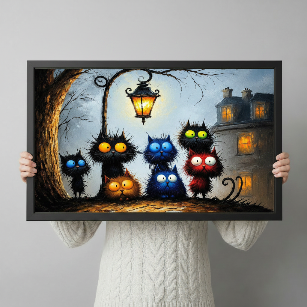 Whimsical Black Cats Night Street Canvas Art Wall Art