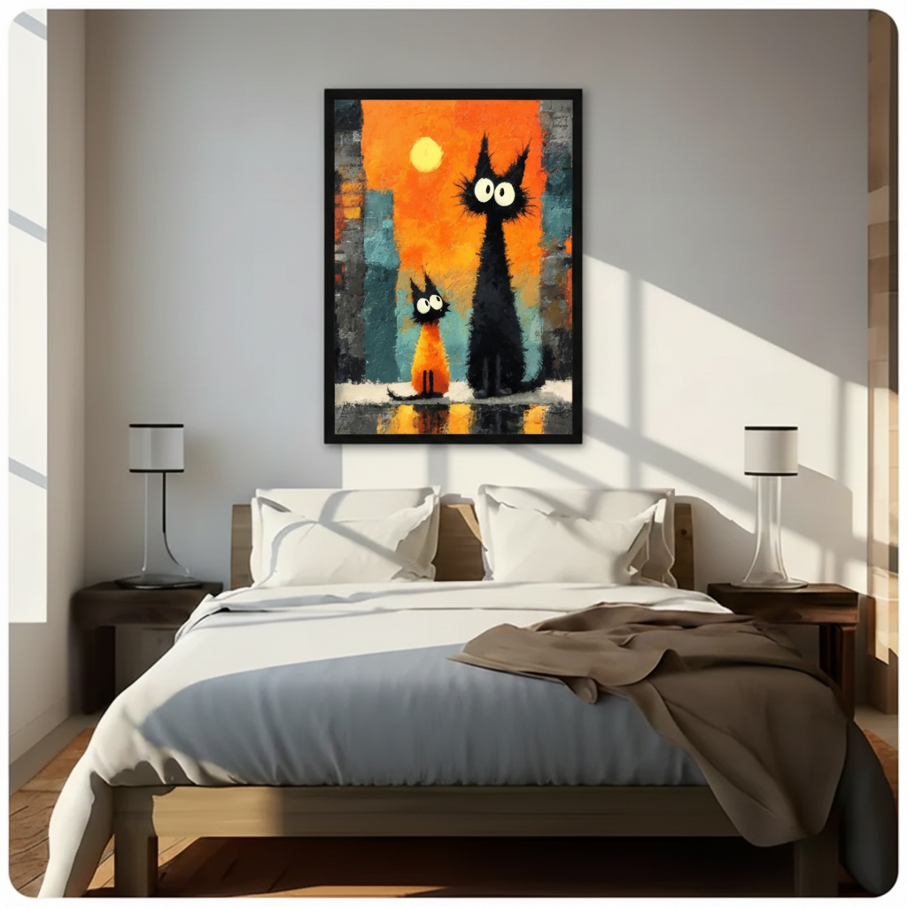 Black Cats Sunset City Expressionist Canvas Wall Art