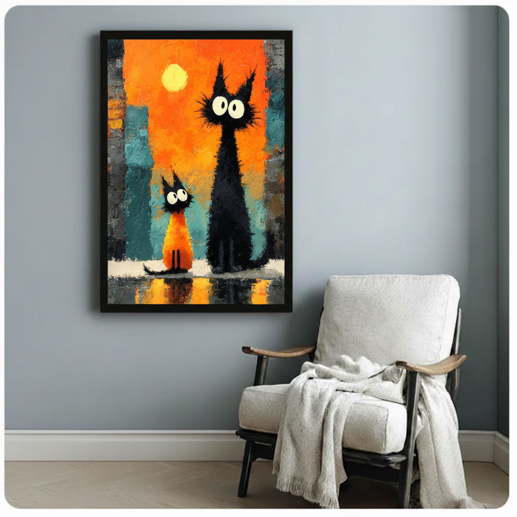 Black Cats Sunset City Expressionist Canvas Wall Art