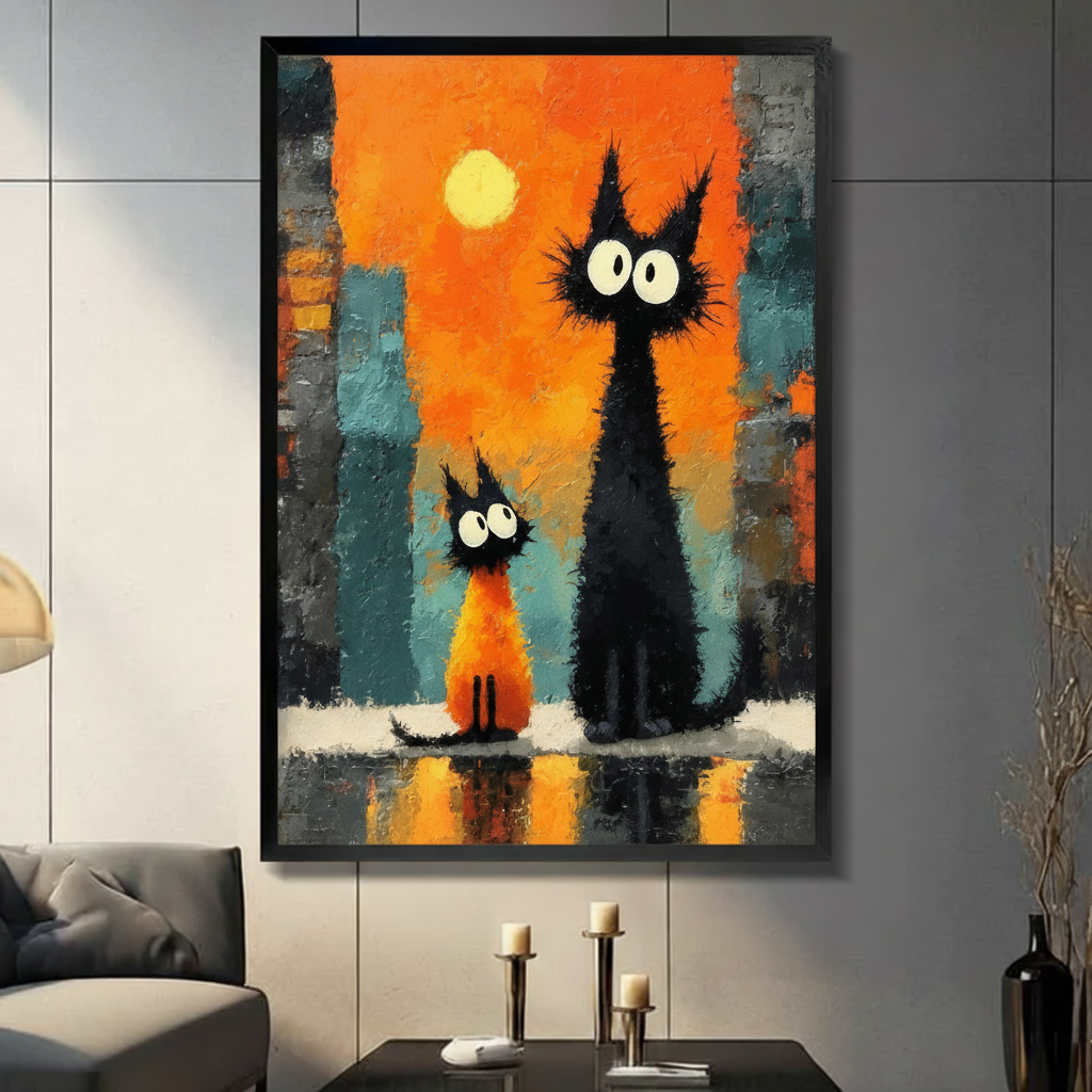 Black Cats Sunset City Expressionist Canvas Wall Art