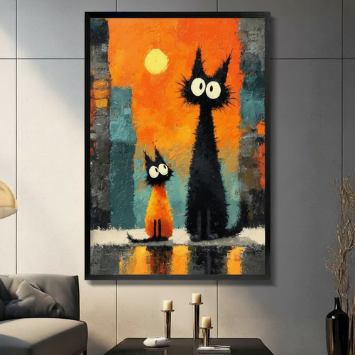 Black Cats Sunset City Expressionist Canvas Wall Art