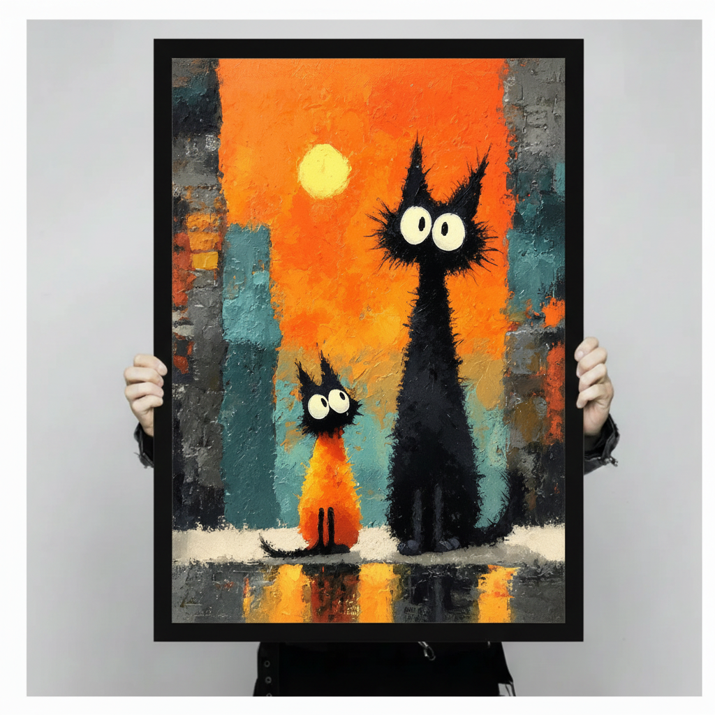 Black Cats Sunset City Expressionist Canvas Wall Art