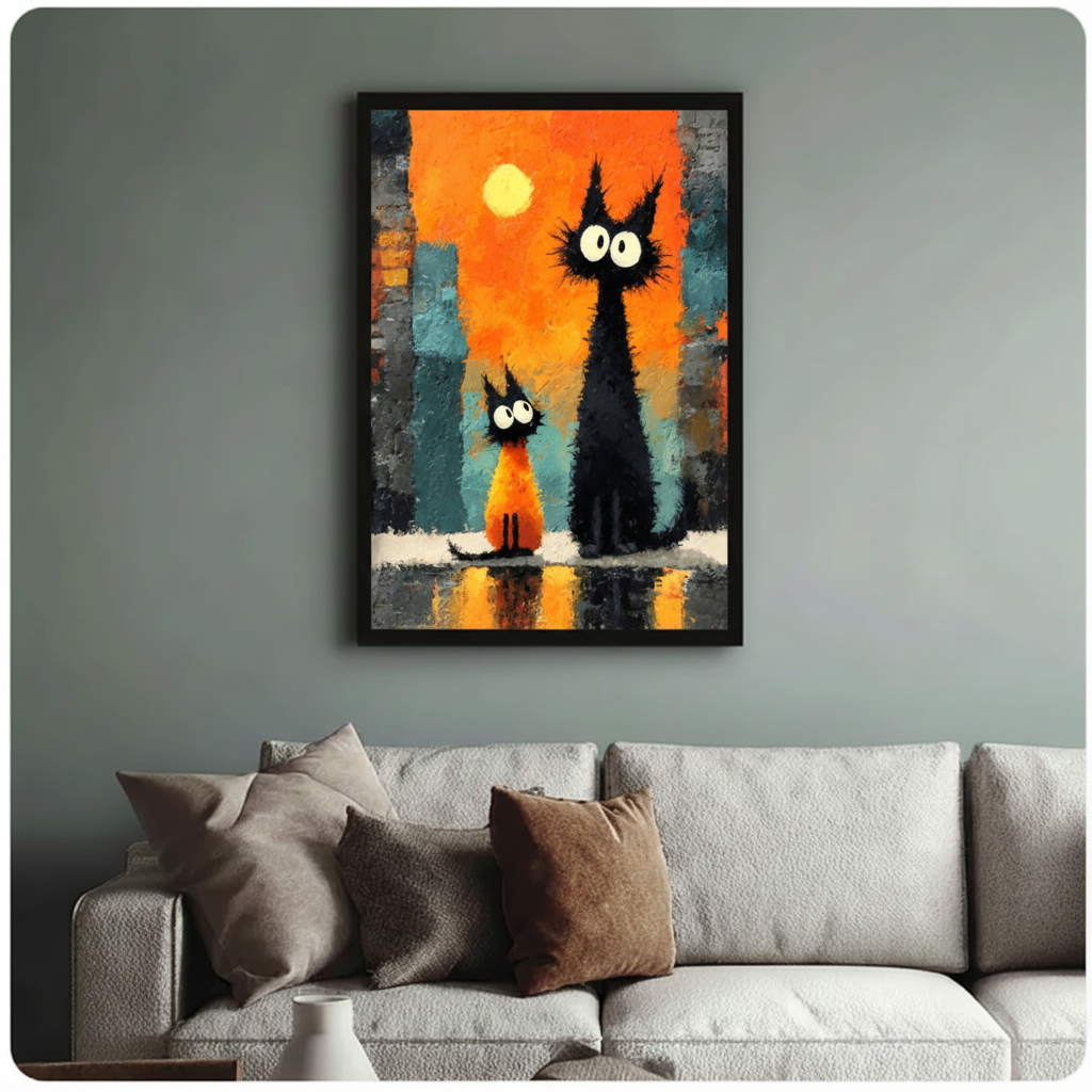 Black Cats Sunset City Expressionist Canvas Wall Art