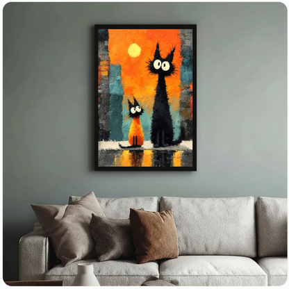 Black Cats Sunset City Expressionist Canvas Wall Art