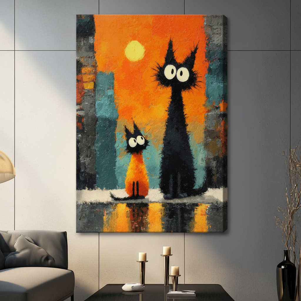 Black Cats Sunset City Expressionist Canvas Wall Art