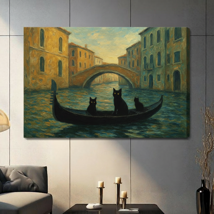 Venice Black Cats Gondola Oil Painting Canvas