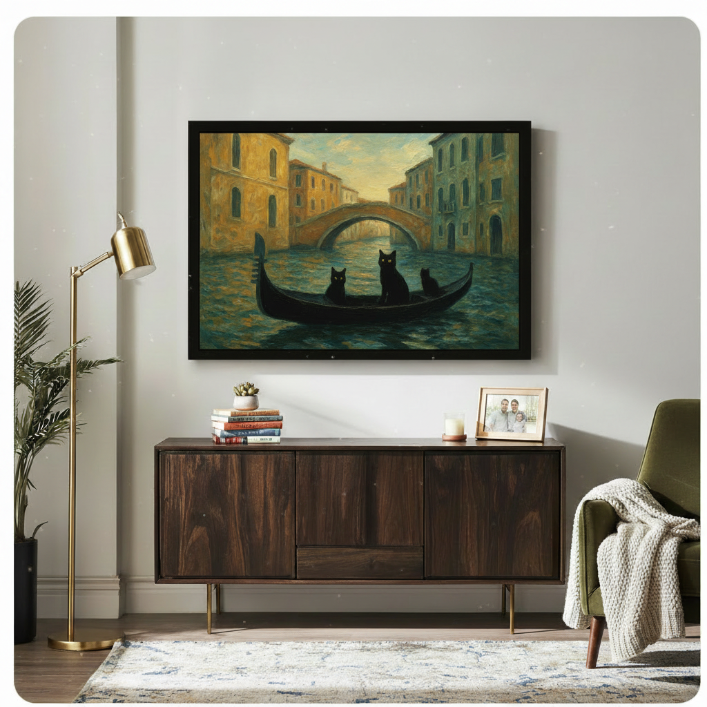 Venice Black Cats Gondola Oil Painting Canvas