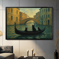Venice Black Cats Gondola Oil Painting Canvas
