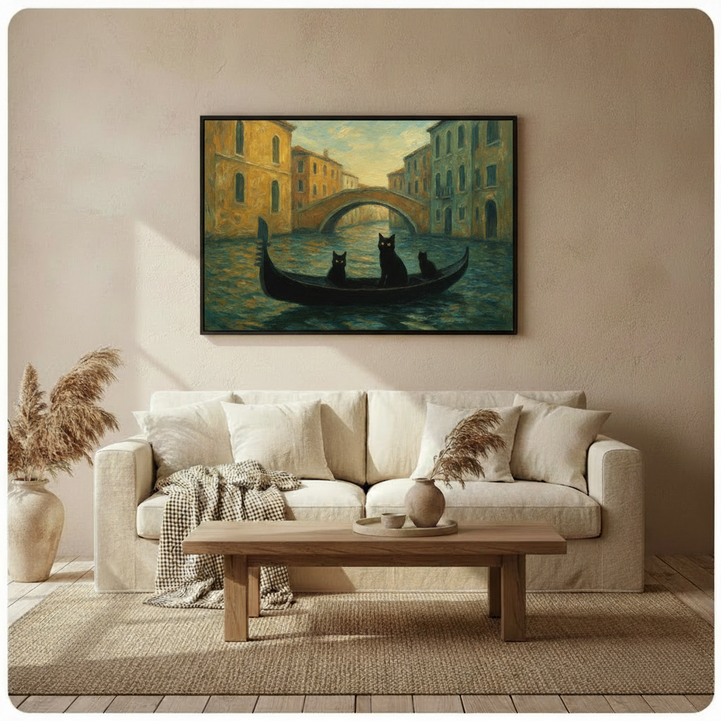Venice Black Cats Gondola Oil Painting Canvas