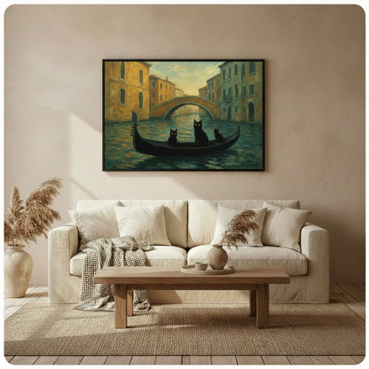 Venice Black Cats Gondola Oil Painting Canvas
