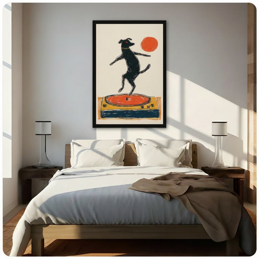 Retro Dog Dancing on Vinyl Record Canvas Wall Art
