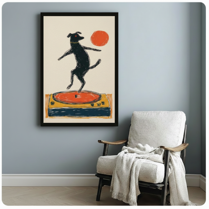 Retro Dog Dancing on Vinyl Record Canvas Wall Art