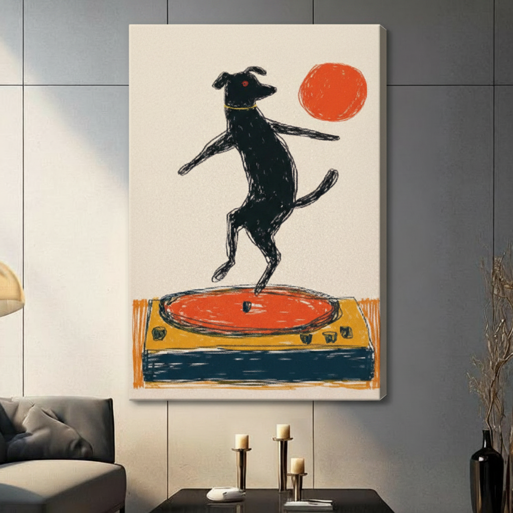Retro Dog Dancing on Vinyl Record Canvas Wall Art
