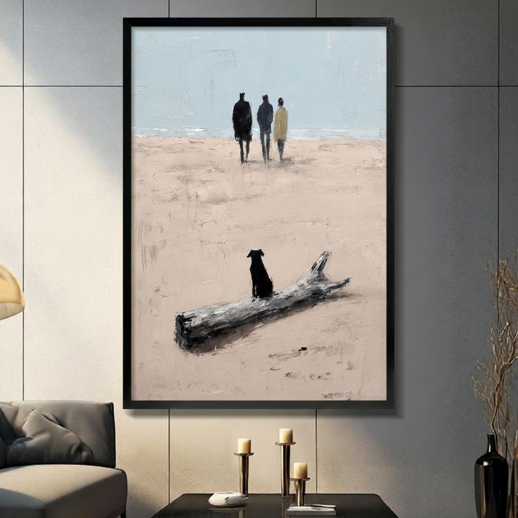 Black Dog Driftwood Beach Walk Oil Painting Canvas