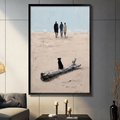 Black Dog Driftwood Beach Walk Oil Painting Canvas