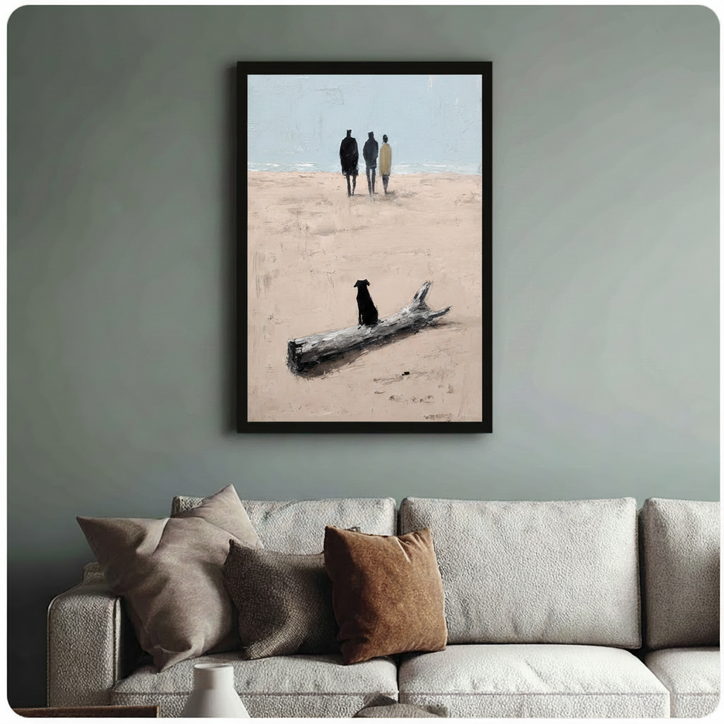 Black Dog Driftwood Beach Walk Oil Painting Canvas