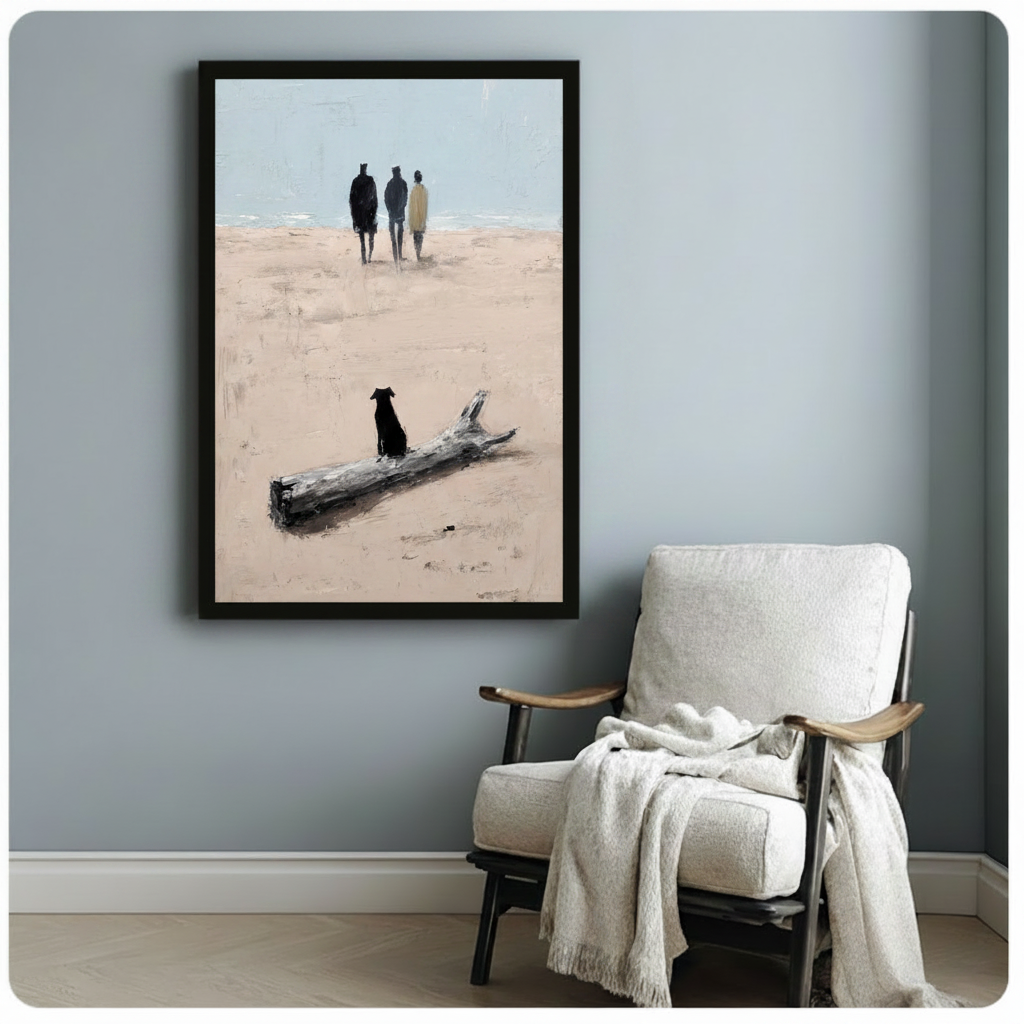 Black Dog Driftwood Beach Walk Oil Painting Canvas