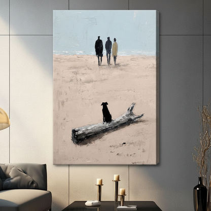 Black Dog Driftwood Beach Walk Oil Painting Canvas