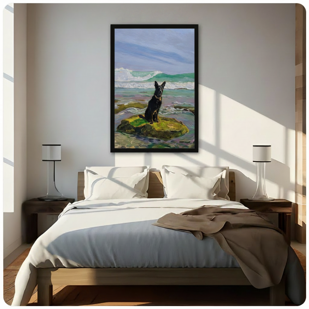 Black German Shepherd Ocean Rock Canvas Wall Art