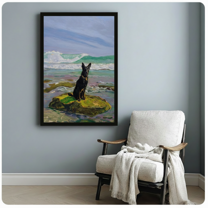 Black German Shepherd Ocean Rock Canvas Wall Art