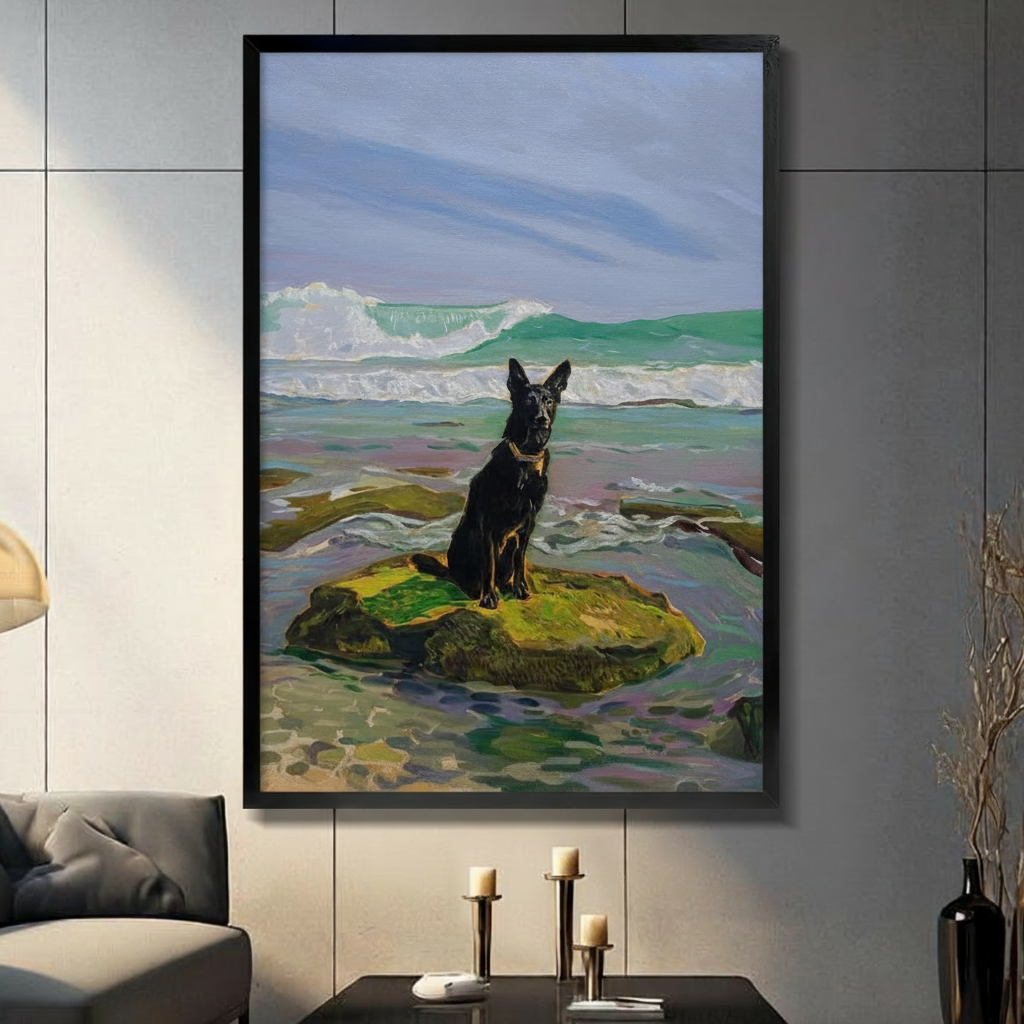Black German Shepherd Ocean Rock Canvas Wall Art