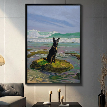 Black German Shepherd Ocean Rock Canvas Wall Art