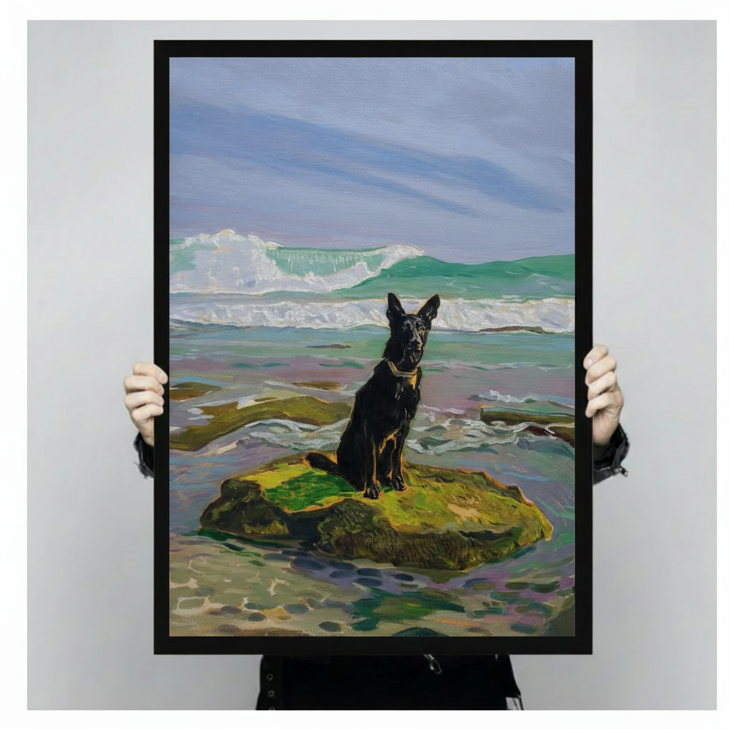 Black German Shepherd Ocean Rock Canvas Wall Art