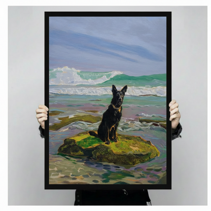 Black German Shepherd Ocean Rock Canvas Wall Art