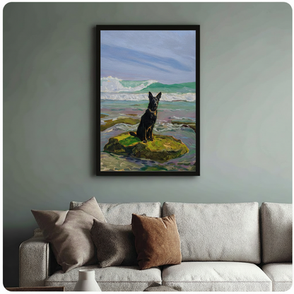Black German Shepherd Ocean Rock Canvas Wall Art