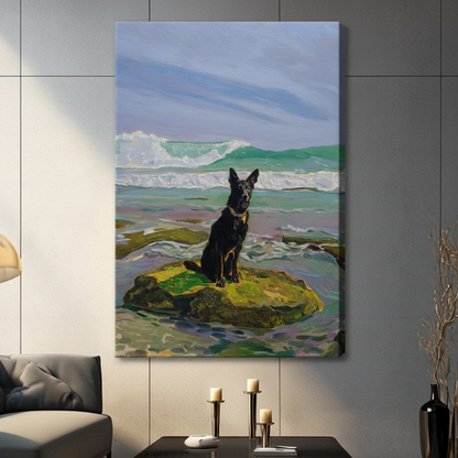 Black German Shepherd Ocean Rock Canvas Wall Art