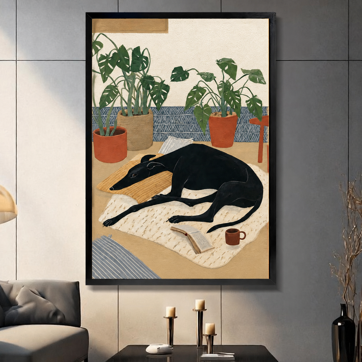 Cozy Greyhound Monstera Illustration Canvas Wall Art