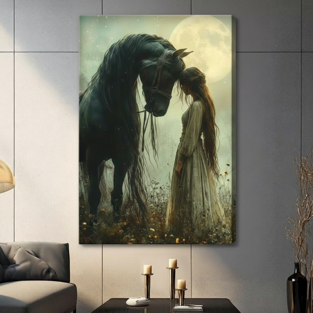 Moonlit Black Horse Girl Fantasy Romance Canvas Art