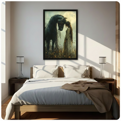 Moonlit Black Horse Girl Fantasy Romance Canvas Art
