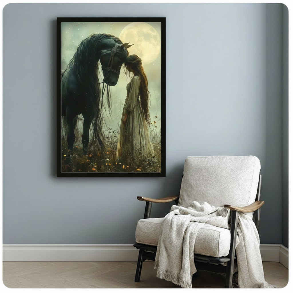 Moonlit Black Horse Girl Fantasy Romance Canvas Art